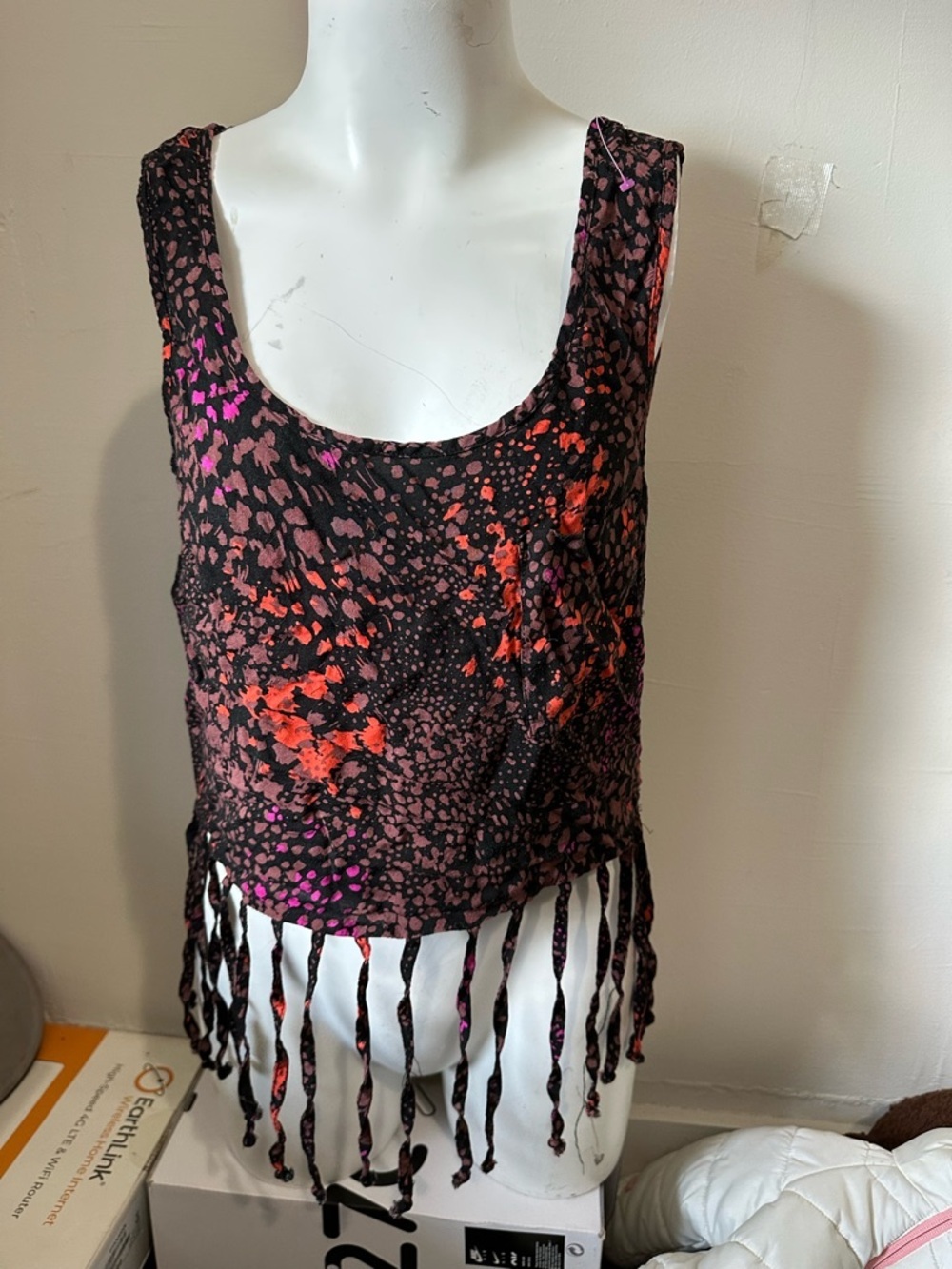Forever 21 Black Tie-Dye Fringe Tank with Pink & Red Accents